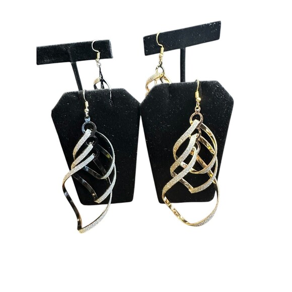 dangle earrings for women 2 pairs black gold tone sparkle 4 inches party - Picture 11 of 16